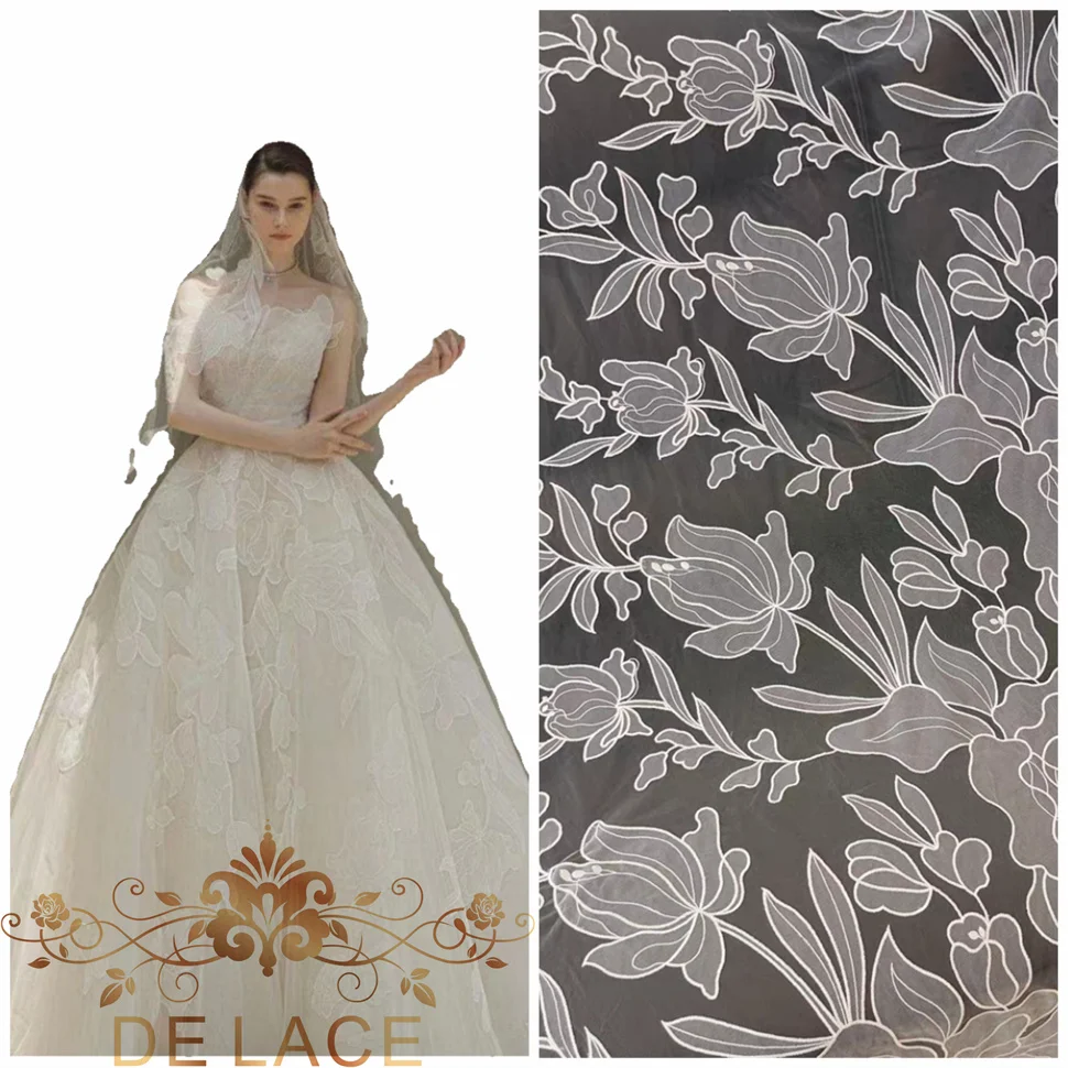 

JZQ Simple Elegant Embroidered Flower Lace New Ivory Soft Tulle Wedding Dress Lace Fabric