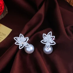 CWWZircons Noble Flower Leaf Shape Glittering Cubic Zirconia Pave Women Party Wedding Drop Pearl Earrings Accesories Gifts E0959