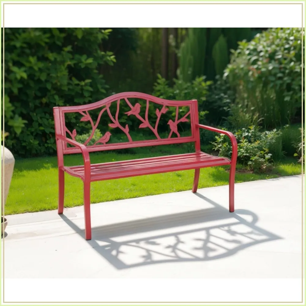 Outdoor Garden Bench Cast Iron Metal Bird Pattern Backrest Red Patio Park Furniture