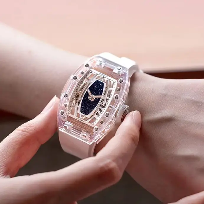 

CRONUSART Women Automatic Watch 31.5mm Tonneau Ladies Mechanical Wristwatch Acrylic Fluororubber Strap Luminous Skeleton Dial