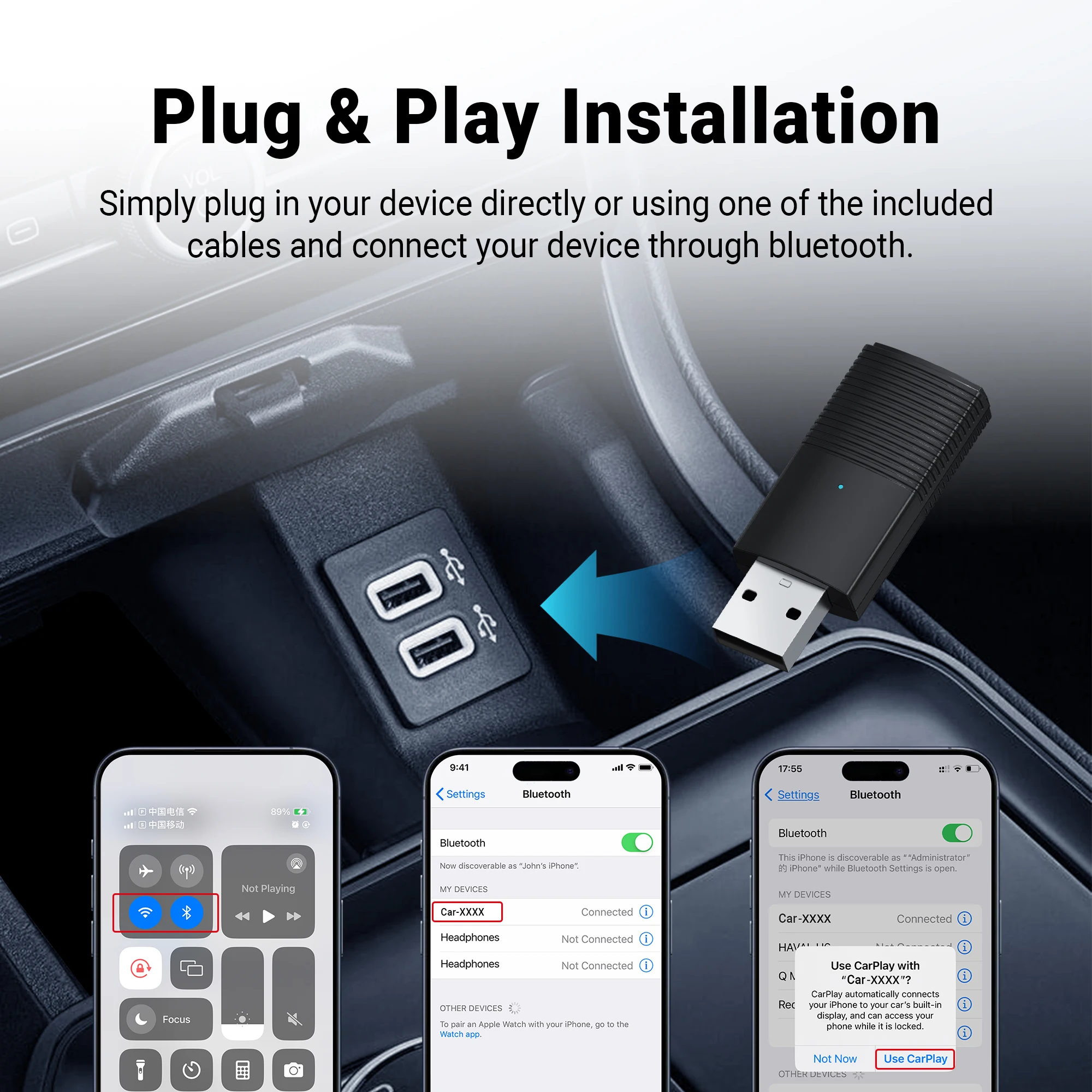 OTTOMOTION 2024 Mini bezprzewodowy adapter CarPlay przenośny kieszonkowy USB Bluetooth akcesoria samochodowe dla Skoda VW Mazda Toyota Kia Ford