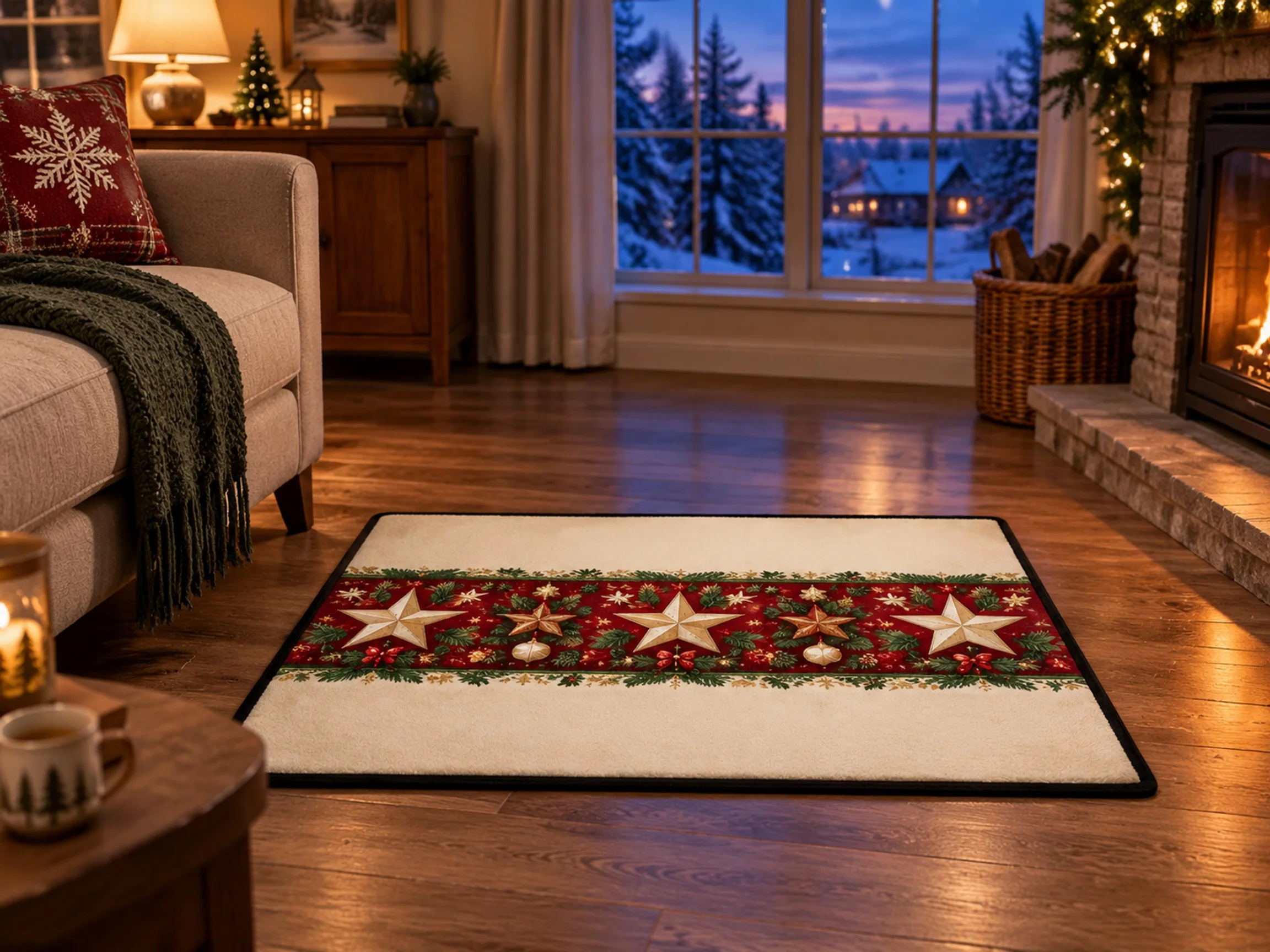 VIKAMA Christmas Forest Cream Star Flannel Door Mat, Soft Washable Xmas Door Mat, Xmas Decor for Entryway, Front Door