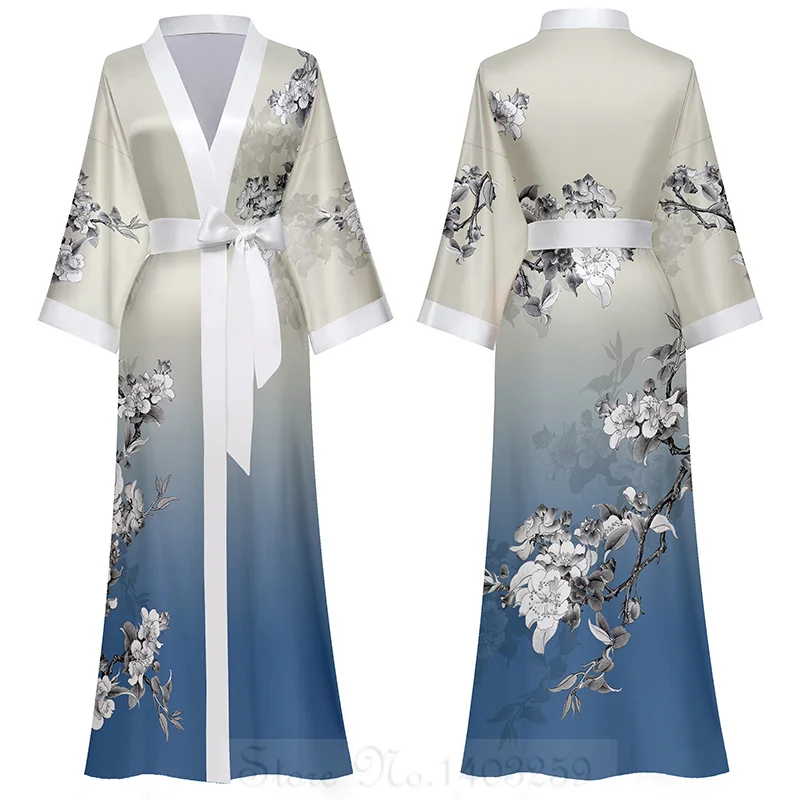 Print Flower Kimono Bathrobe Gown Sleepwear Spring Summer Women Long Robe Nightgown Loose Casual Silk Satin Home Dressing Gown