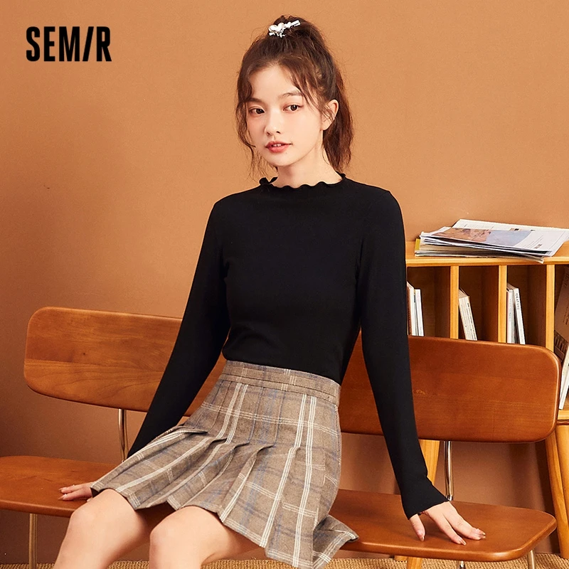 Semir Underwear T Shirt Women Solid Color Autumn And Winter Half High Collar Gentle Korean Style With Long Sleeve