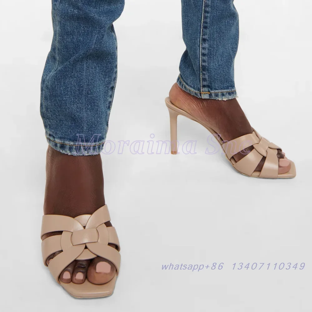 Crocodile Pattern Square Toe Weave Slippers Patent Leather Stiletto High Heel Sexy Fashion Women\'s Slides Summer Slip On 2025