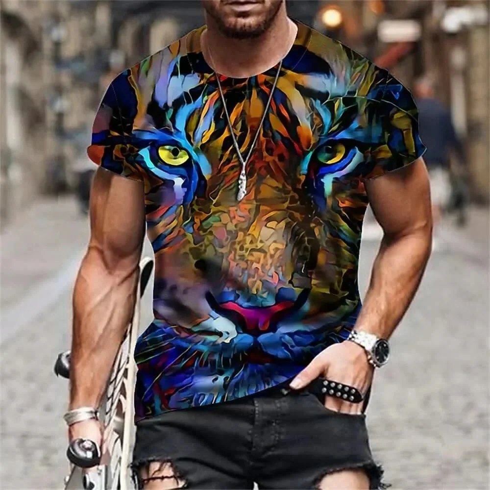 Summer New Vintage Print Super Dragon Tiger Pattern Men's T-shirt Street Fashion Element Round Neck