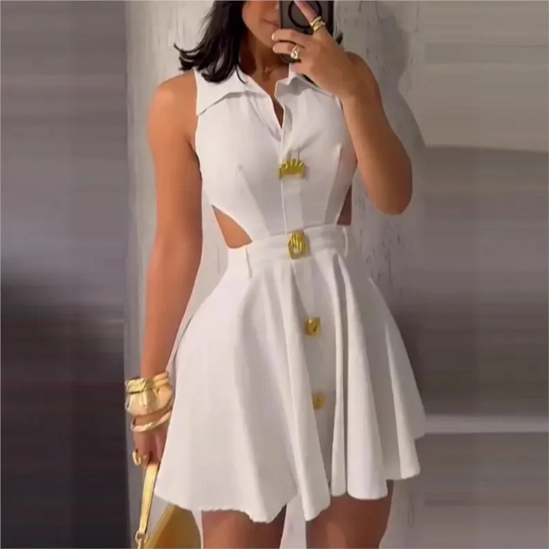 

Hollow Out High Waist Women Sexy Dress Summer Casual Streetwear Mini Dress Sleeveless Party Dress V Neck Buttons Dress Vestidos