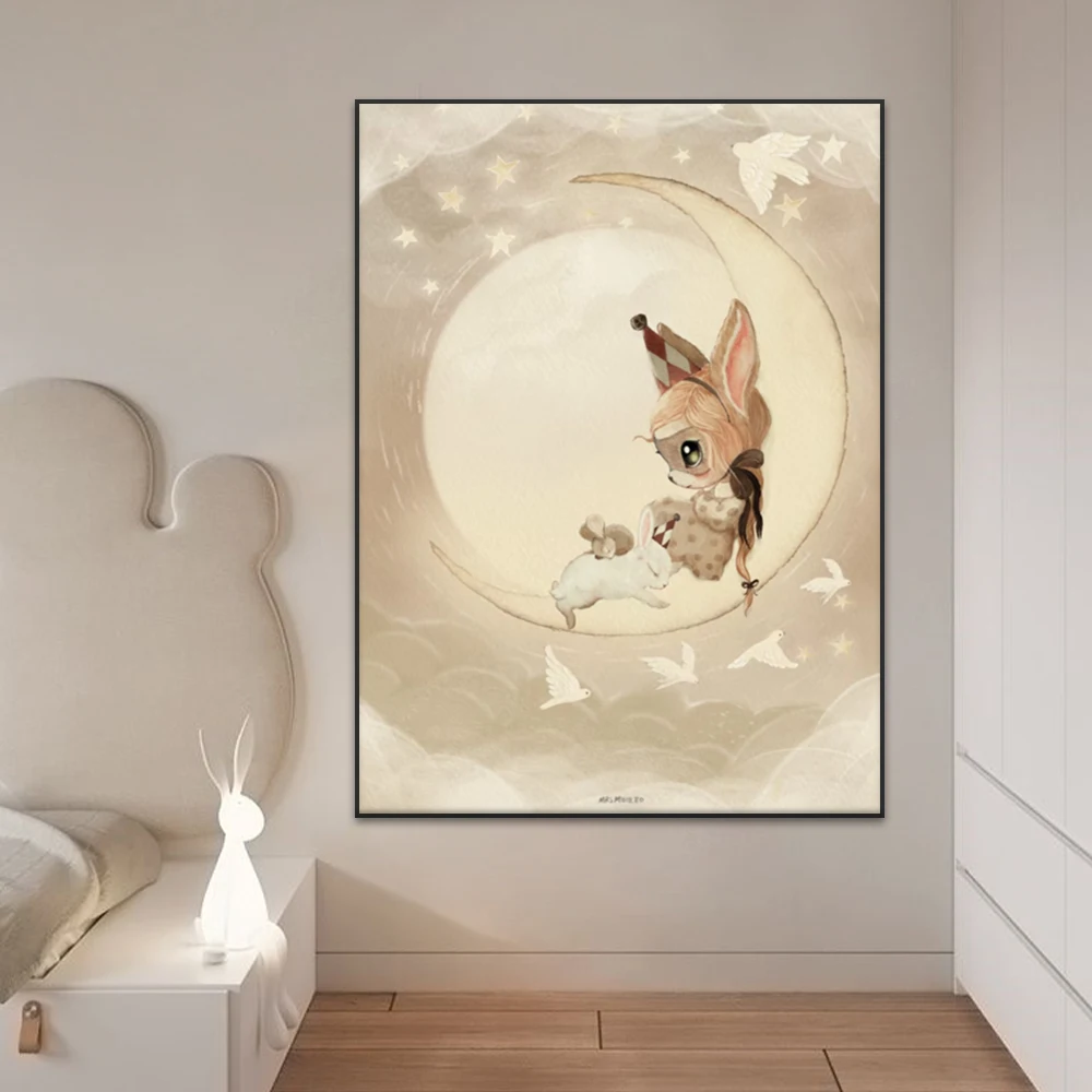 Cute Beige Rabbit Girl Canvas Prints And Posters Kids Room Wall Art Decoration Paintings Bedroom Modern Home Decor