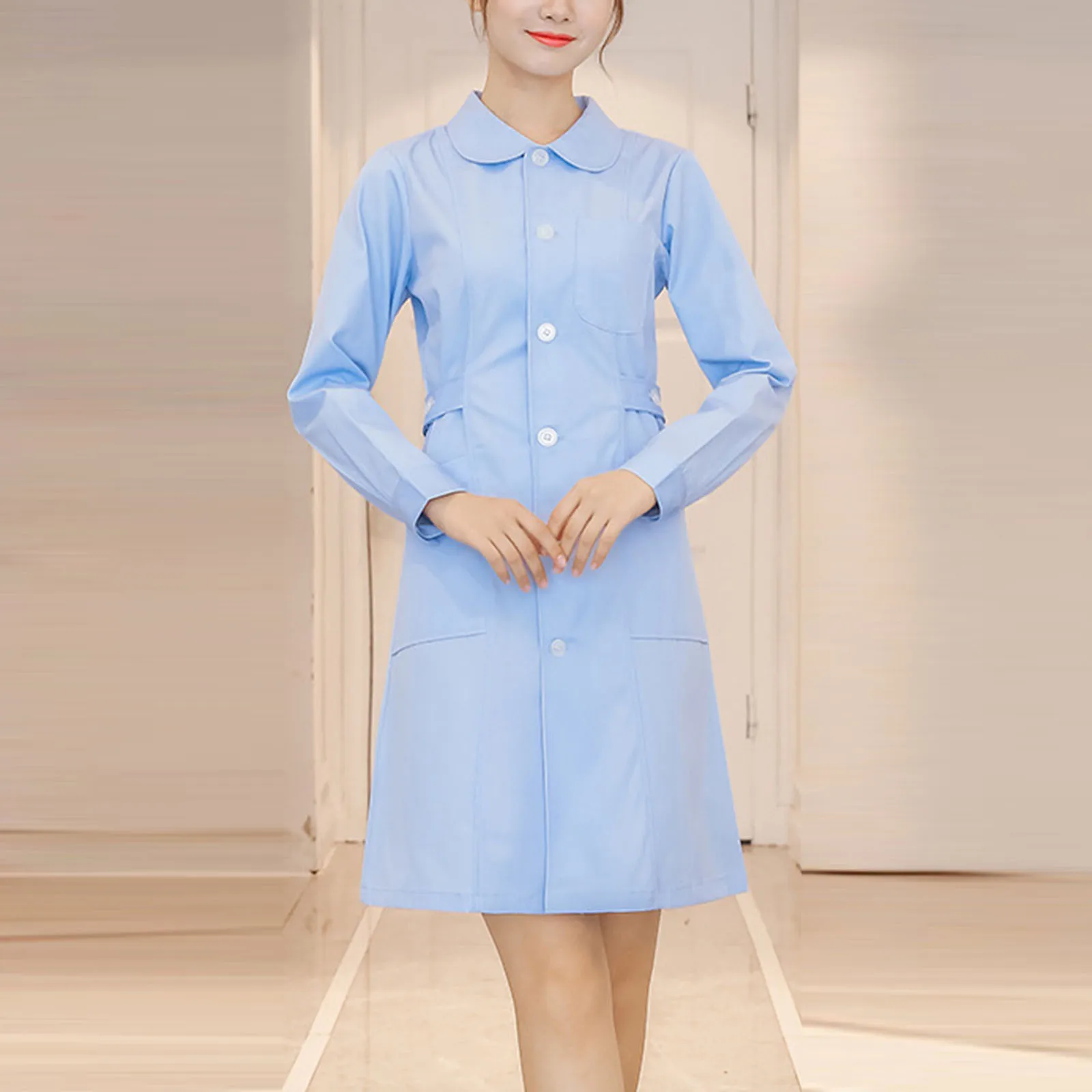 Long Sleeve Nurse Uniform Women's Lab Coat Winter Pharmacy Beauty Salon Intern Work Uniform Set Plus Size Dress Coat