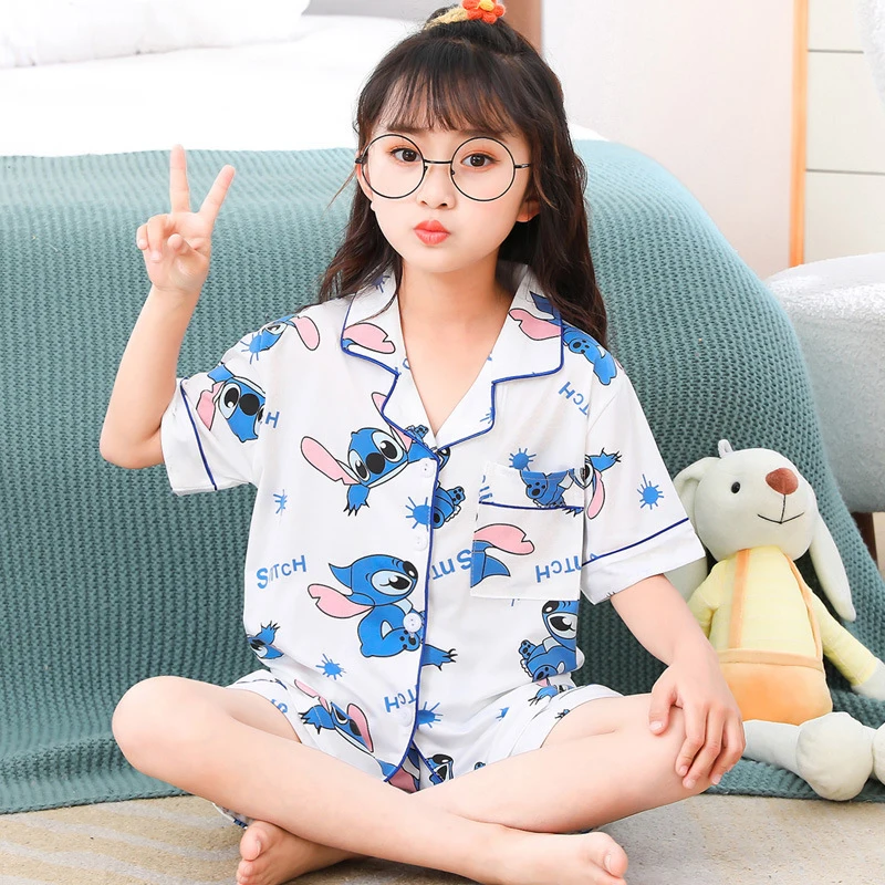 

Disney Stitch Children's Cartoon Pajamas Set Cartoon Lapel Cardigan Short-sleeved Shorts Loose Home Clothes Summer