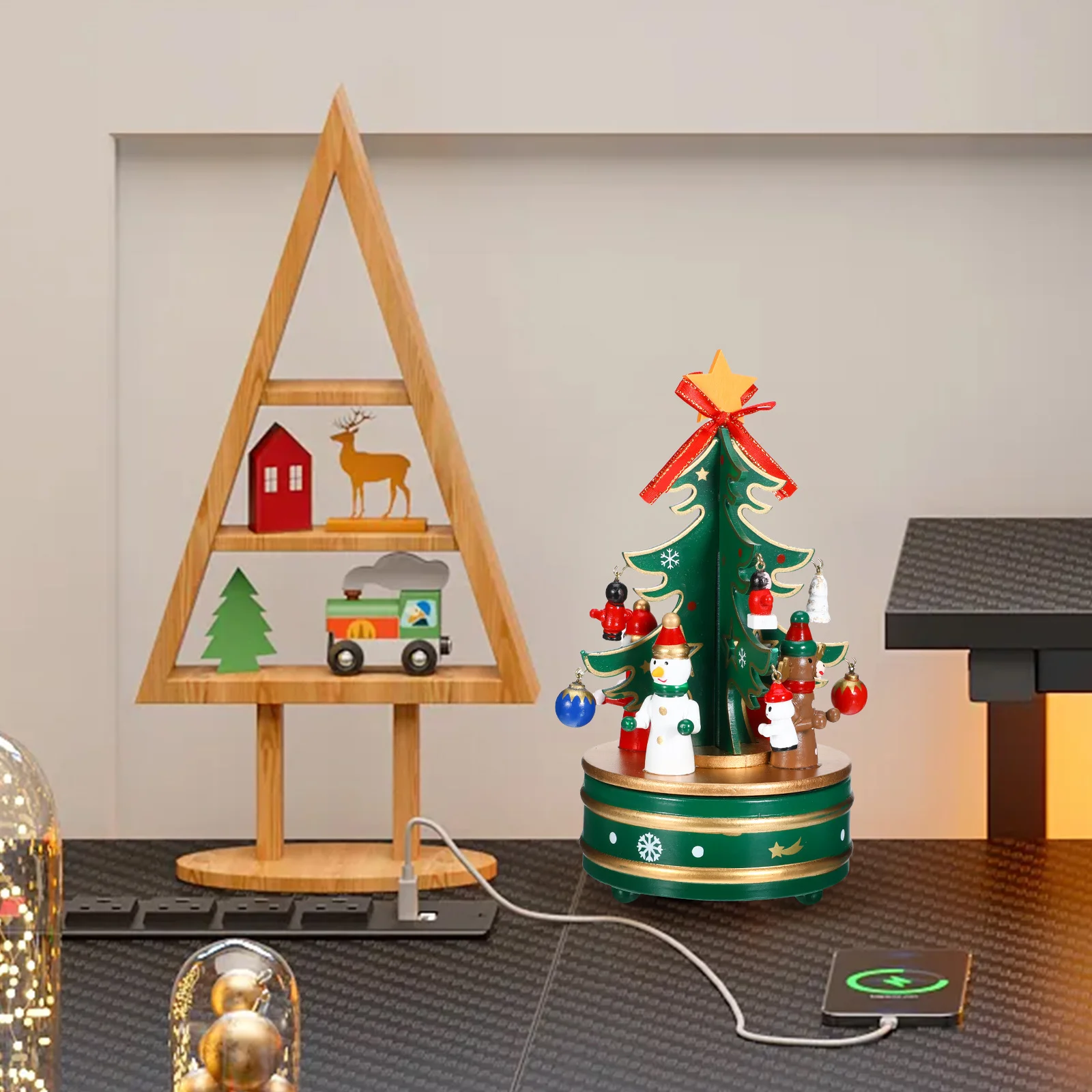

1pc Wooden Music Box Christmas Tree Rotating Melody Desktop Decoration Ornament Gift Holiday Party Decor Craft Green