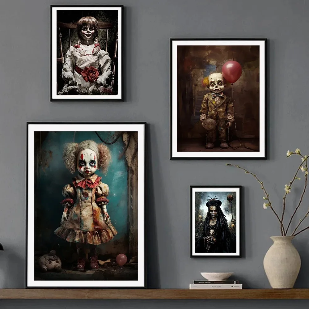 Halloween Haunted Doll Art Poster Prints For Living Room Home Decor Gothic Horror Movie Ghost Doll Canvas Painting Wall Art