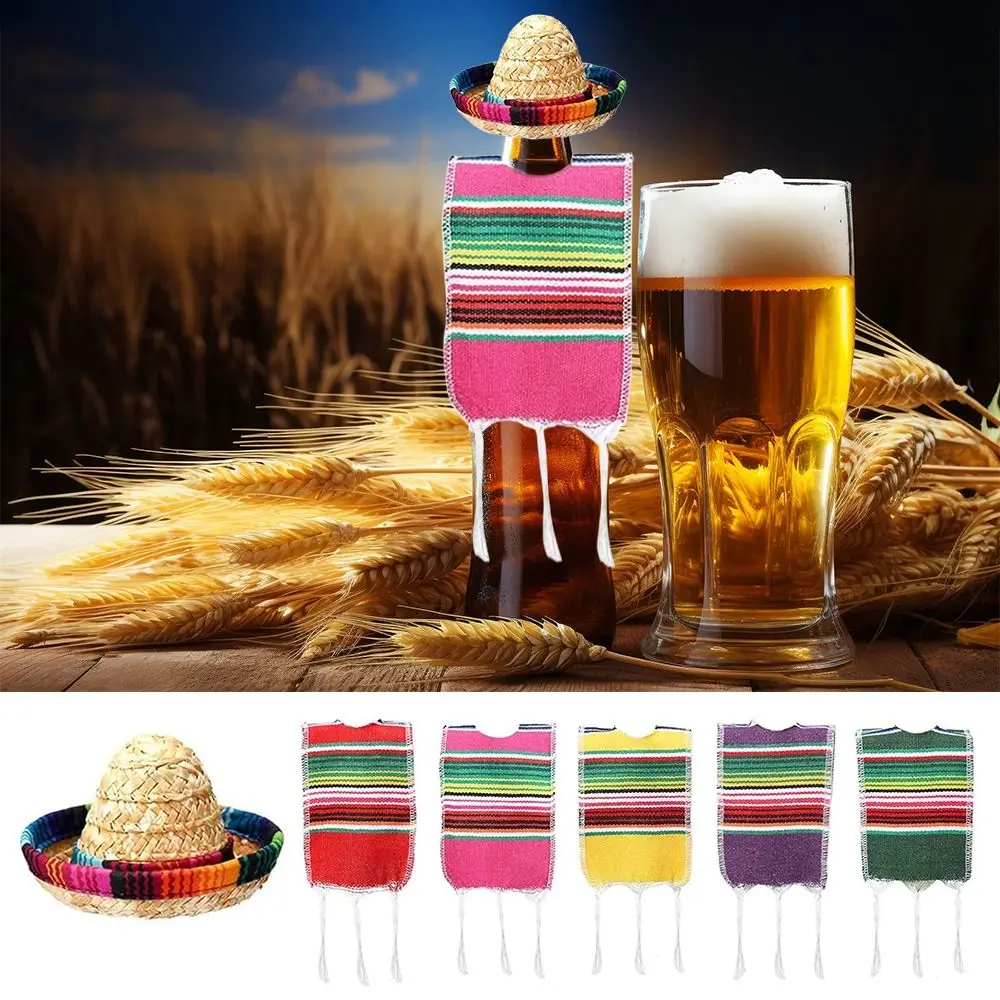 Tiny Sombrero Hats Mini Serapes for Bottles Colorful Beer Poncho Cover for Cinco De Mayo Mexican Fiesta Party Decoration