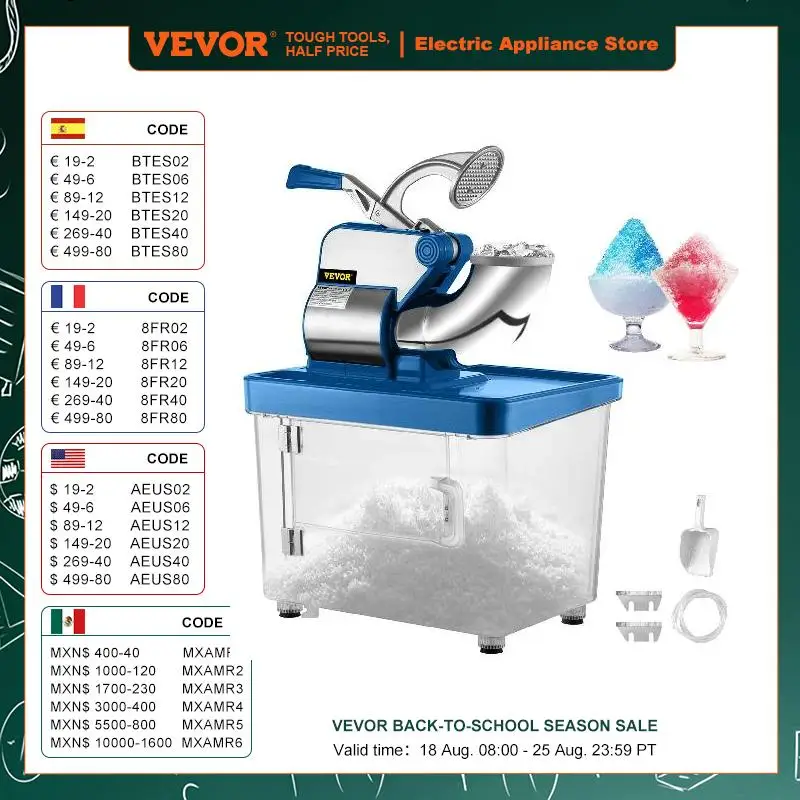 VEVOR Electric Snow Cone Machine Ice Shaver Crusher Granizing Glass Blender Mixer Chopper Stainless Steel Cool Colder Commercial