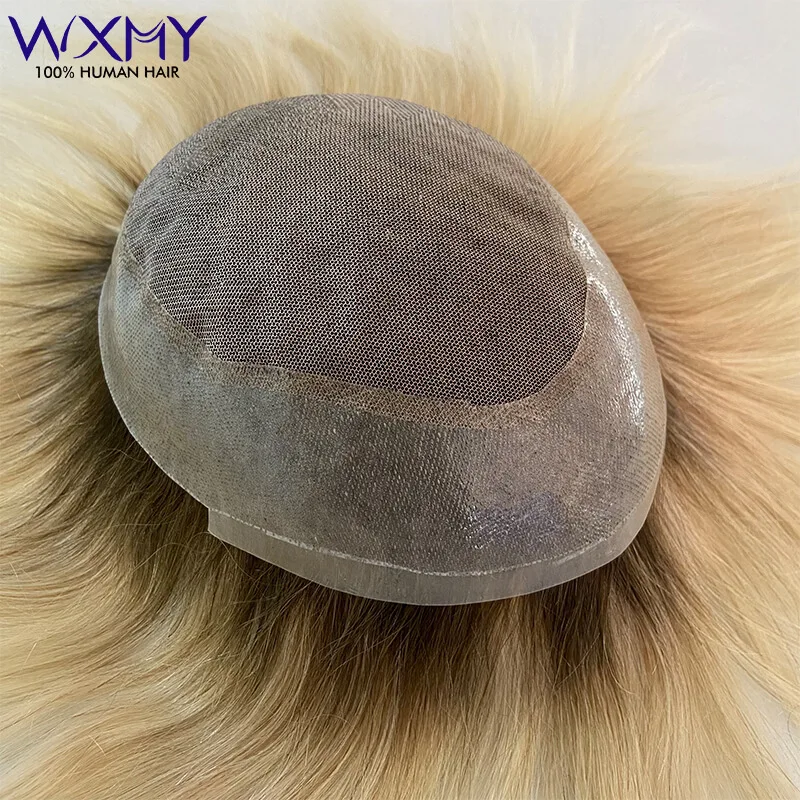 Australia Lace & Pu Base Male Hair Prosthesis Ombre Blonde Color Human Hair Toupee Men's Wig Breathable Hair Replacement Systems