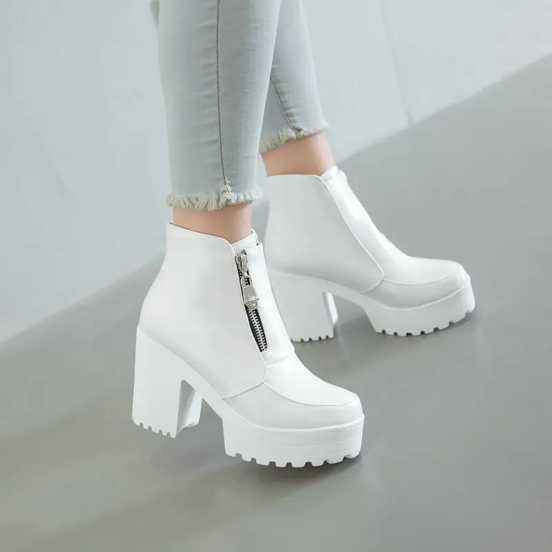 inverno bianco zeppe con plateau grosso tacchi alti scarpe da donna cerniera frontale stivaletti da donna plus size dropshipping 2019