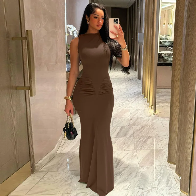 

Casual Sleeveless O-neck Ruched Bodyon Maxi Dress Simple Solid Cinched Waist Maxi Bodycon Streetwear Evening Robe Soft Vestidos