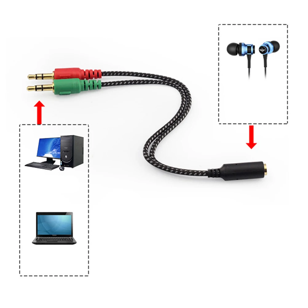 

Headset Splitter Cable For Pc Laptop Mobile Phone Dual Male Ports Green Red Plug Stereo Audio Converter Earphones Adapter