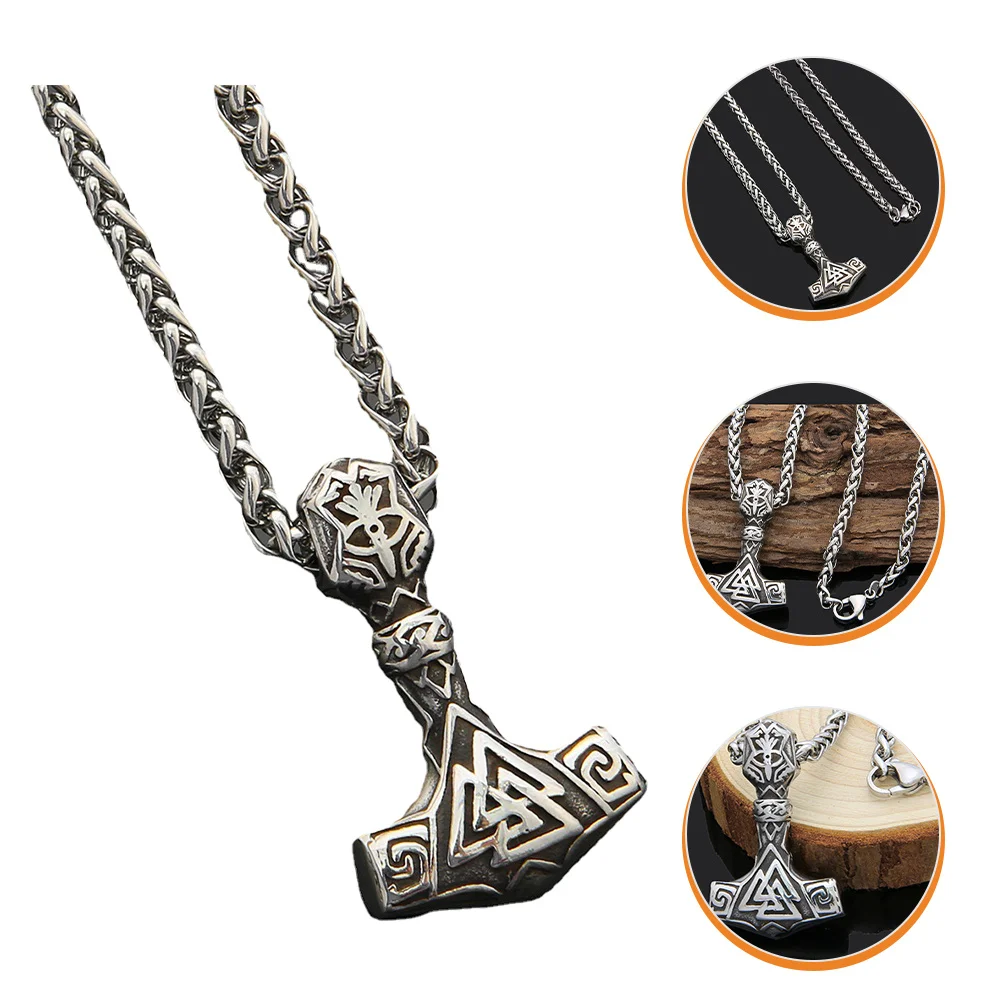 

Men Necklace Viking Pendant Hammer Stainless Steel Charm Hip Hop Punk Vintage Clavicle Chain Jewelry for Him