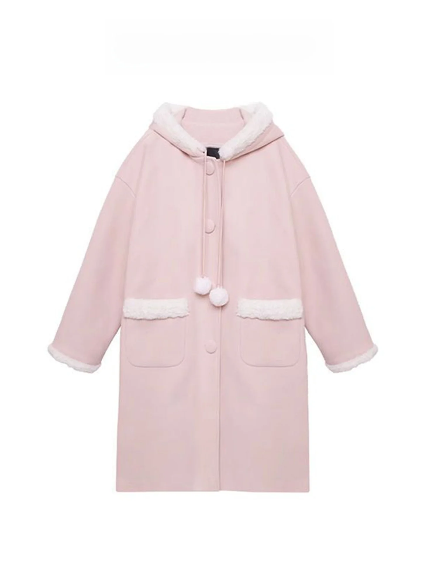 

Pink Woolen Coat with Hood Thiened Lamb Fur Women's Autumn Winter New Sle Sweet Small Size Medium Length Retro Sle Coat