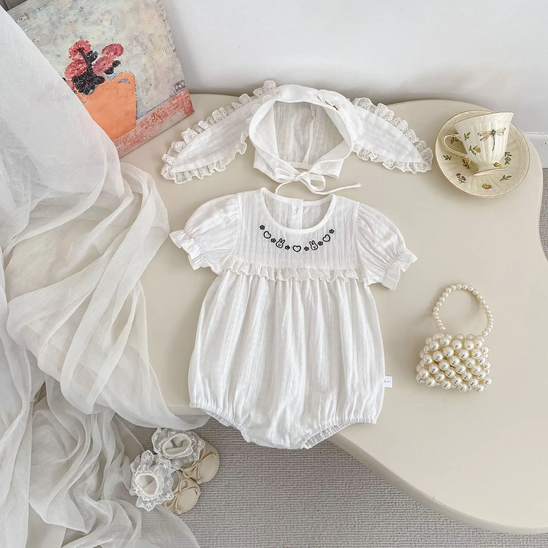 2026 Summer Baby Clothes Thin Short Sleeve Baby Super Cute Rabbit with Hat Beautiful and Cute Kids Rompers
