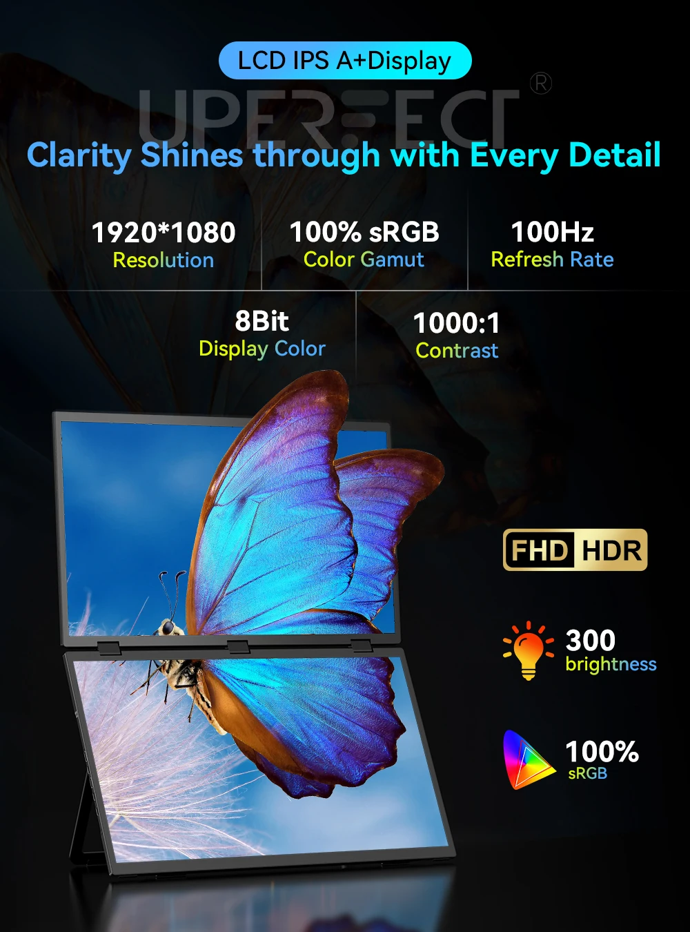 UPERFECT 18" FHD 100Hz Portátil Dual Monitor 100% sRGB HDR 16:9 Viagem Foldable Ajustável PC Gaming Display para Laptop Travel Screen Extender para Windows Mac com Type-C HDMI VESA