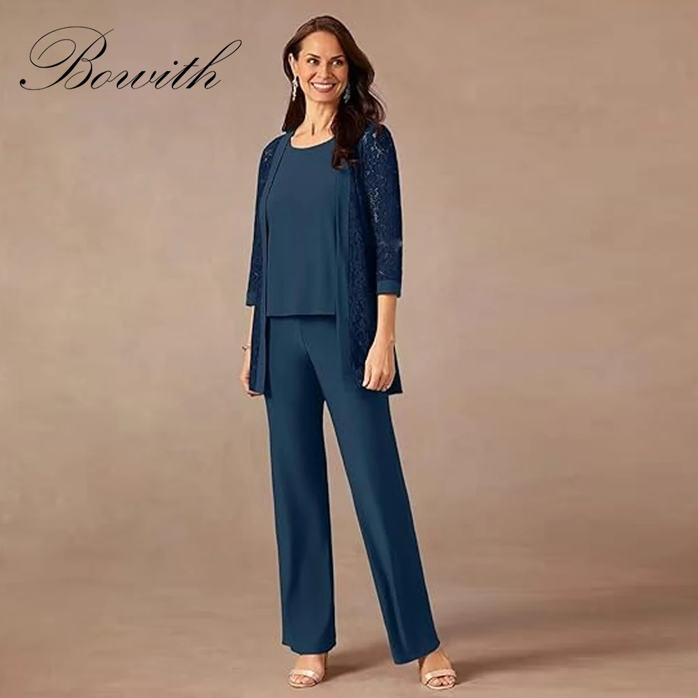 

Bowith Customized Chiffon Mother of The Bride Pantsuits with Jacket Lace 3/4 Sleeve Formal Pant Suits for Wedding Guest