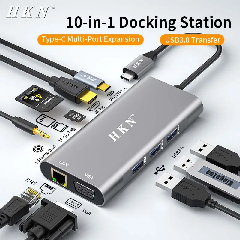 

HKN Type-C HUB 10-in-1 4K/60Hz USB3.0 Splitter Adapter PD100W 10Gbps for Laptop Macbook Pro Air USB Expander Docking Station