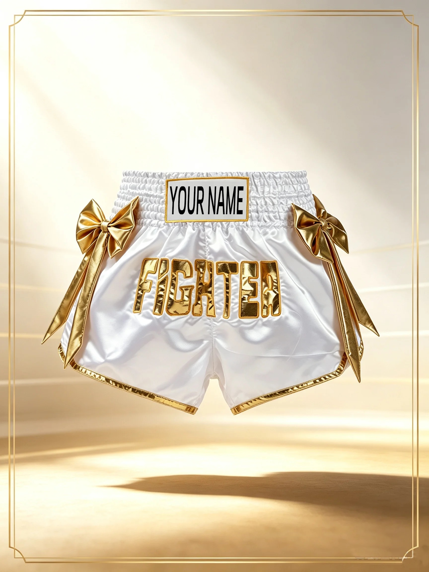 Muay Thai Shorts Bow Ribbon Men Women Kids Premium Kickboxing Fight Shorts Elastic Waist Performance Boxing Training Pants White