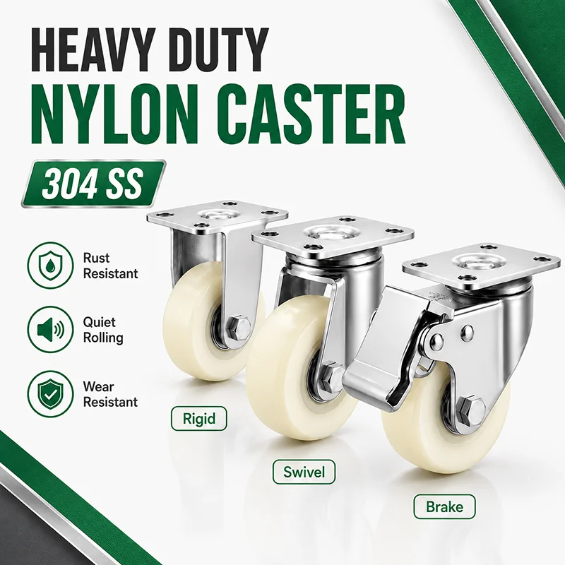 Heavy Duty 304 Stainless Steel Nylon Caster Wheels 4 5 Inch Plate Swivel Brake Rigid Castors for Trolley Cart Furniture