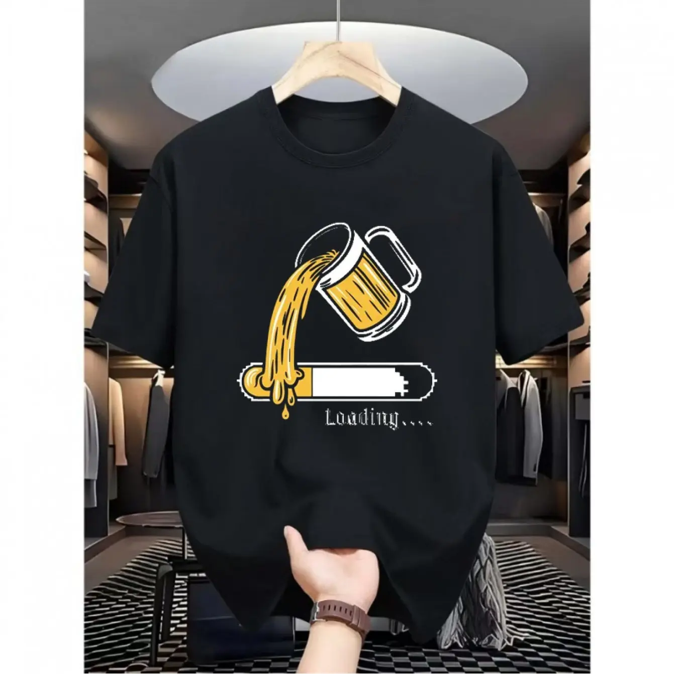 Beer Loading Progress Bar Front Print T-shirt Funny Drinking Meme Loose Pure Cotton Unisex Black Summer Tee