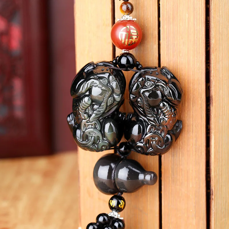 Natural obsidian Car Accessorie Safe travel Blessing Pendant Auto Rearview Mirror Ornaments Birthday Gift Auto Decoraction