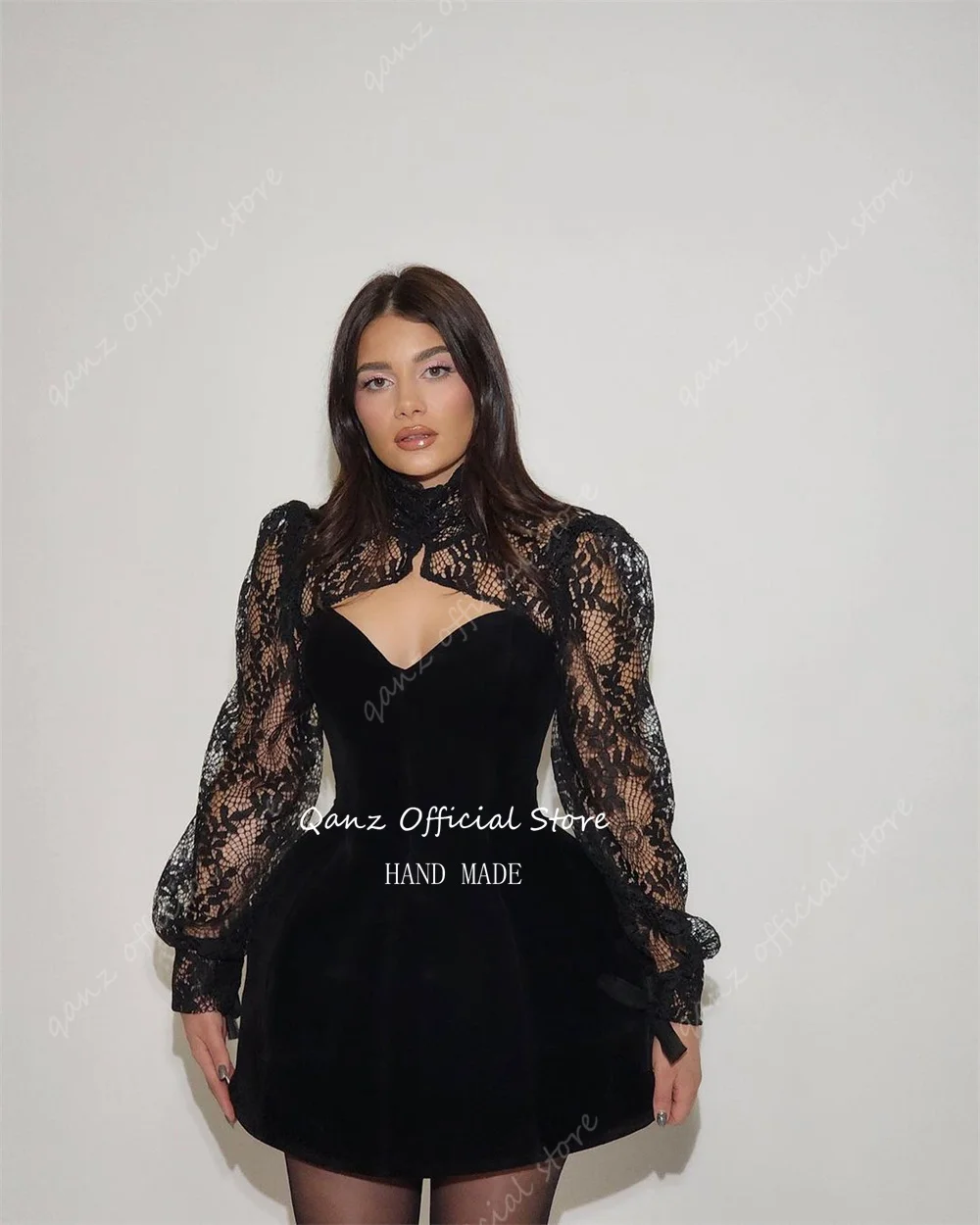 Qanz Black Birthday Dress Luxury 2024 Glam Velour Sweetheart Short prom Dreses Long Sleeves Mermaid Lace Masquerade Customized