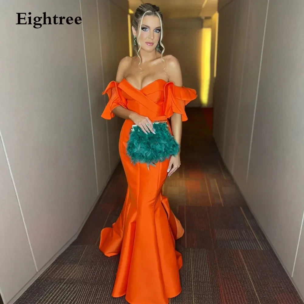 

Eightree Elegant Orange Mermaid Prom Dresses Off Shoulder Ruffles Tiered Sleeves Long Evening Gowns Pageant Event Party Gown