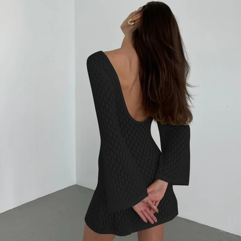 Vestidos cortos holgados de manga larga con espalda descubierta y cuello en V para mujer, minivestido calado de punto liso para ir al trabajo en la calle, novedad de 2026