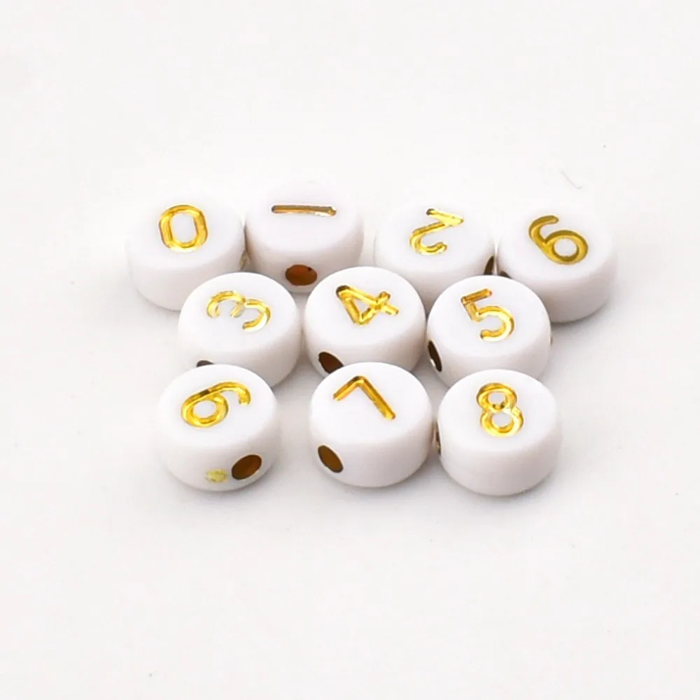 50pcs/lot 7*4*1mm DIY Handmade beading Acrylic beads Round white background gold character number beads for jewelry making