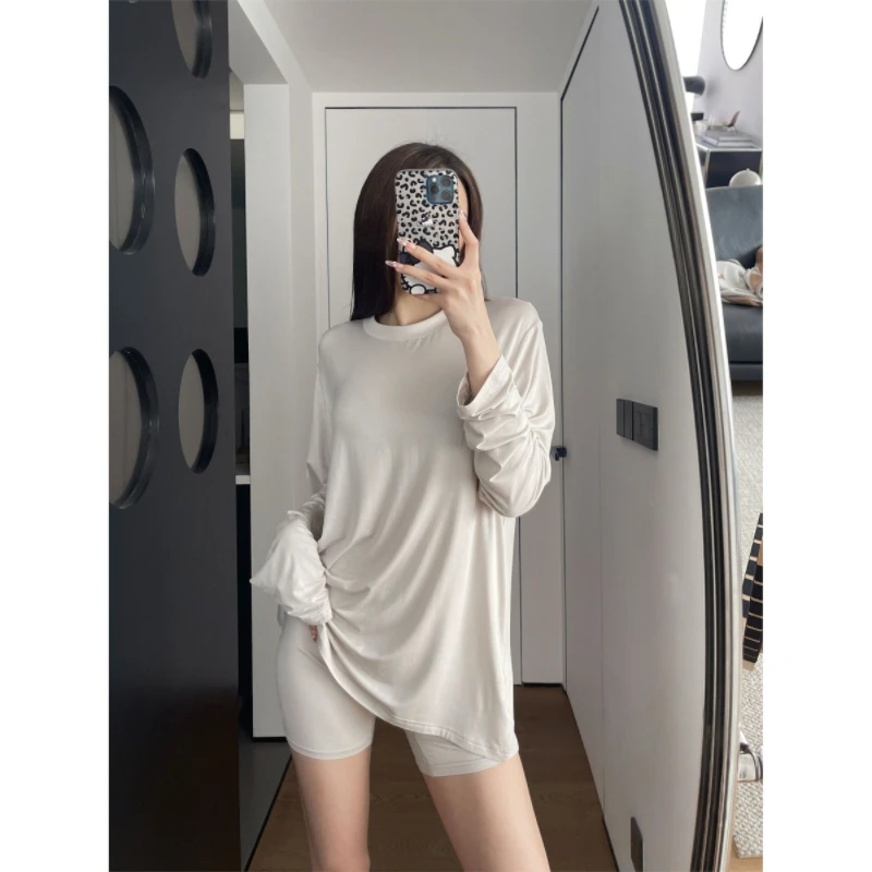Spring Summer Long Sleeve Suit Women 2026 New Fashion Loose Casual Household Clothes Pure Colour Soft Short Pants Female