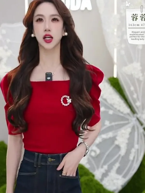 

Женский летний топ Ele Red Bubble с квадратным вырезом, короткий рукав, корейская версия, Gtuq2025