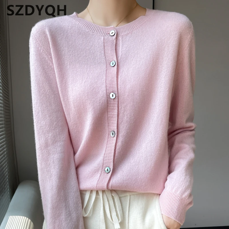 

Autumn Women's Cardigan 100% Cashmere Knitted Sweater Chic Tops Coat Causal Outwear Full Sleeve Loose Women O-Neck Shirt Spring