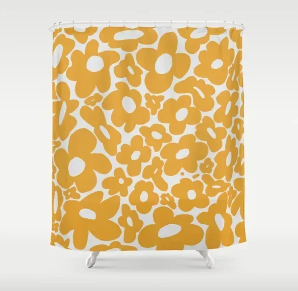 60s 70s Hippy Flowers Yellow Shower Curtain Bath Screen Waterproof Fabric Bathroom Decor With Hook Shower Curtains