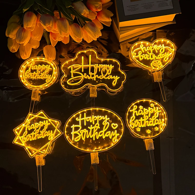 Multi Shape LED Happy Birthday Cake Topper Acrylic Light Up Neon Sign Cake Glowing Topper for Birthday Party Cake Decor Supplies