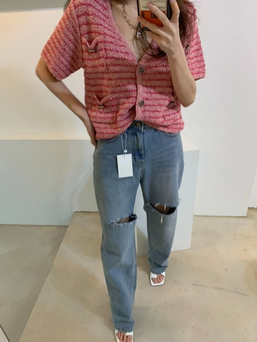 Chaqueta de punto fina retro rosa nueva de verano para mujer, cárdigan abierto con cuello en V, manga corta, ra, transpir...