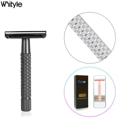 Whityle 05T Short Handle Aluminum Alloy Classical Safety Razor Double-edged Blade Shaving Shaver for Men with 5 Super Blades
