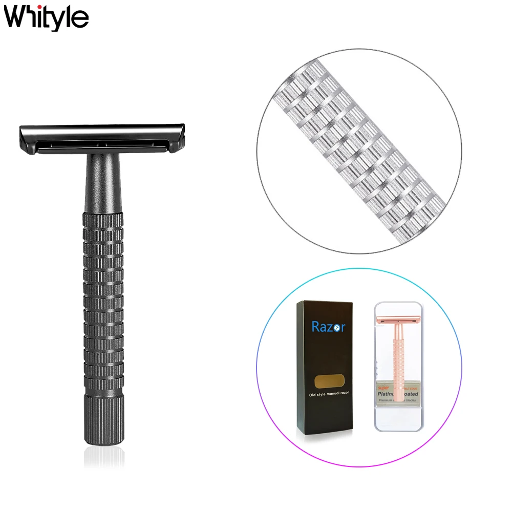 Whityle 05T Short Handle Aluminum Alloy Classical Safety Razor Double-edged Blade Shaving Shaver for Men with 5 Super Blades