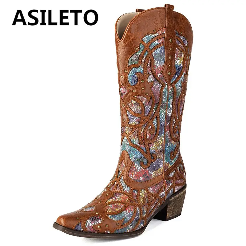 ASILETO Mixed Color Cowboy Western Boots Square Toe Block Heels 5.5cm Slip On Embroider Rivets Fashion Women Daily Bota