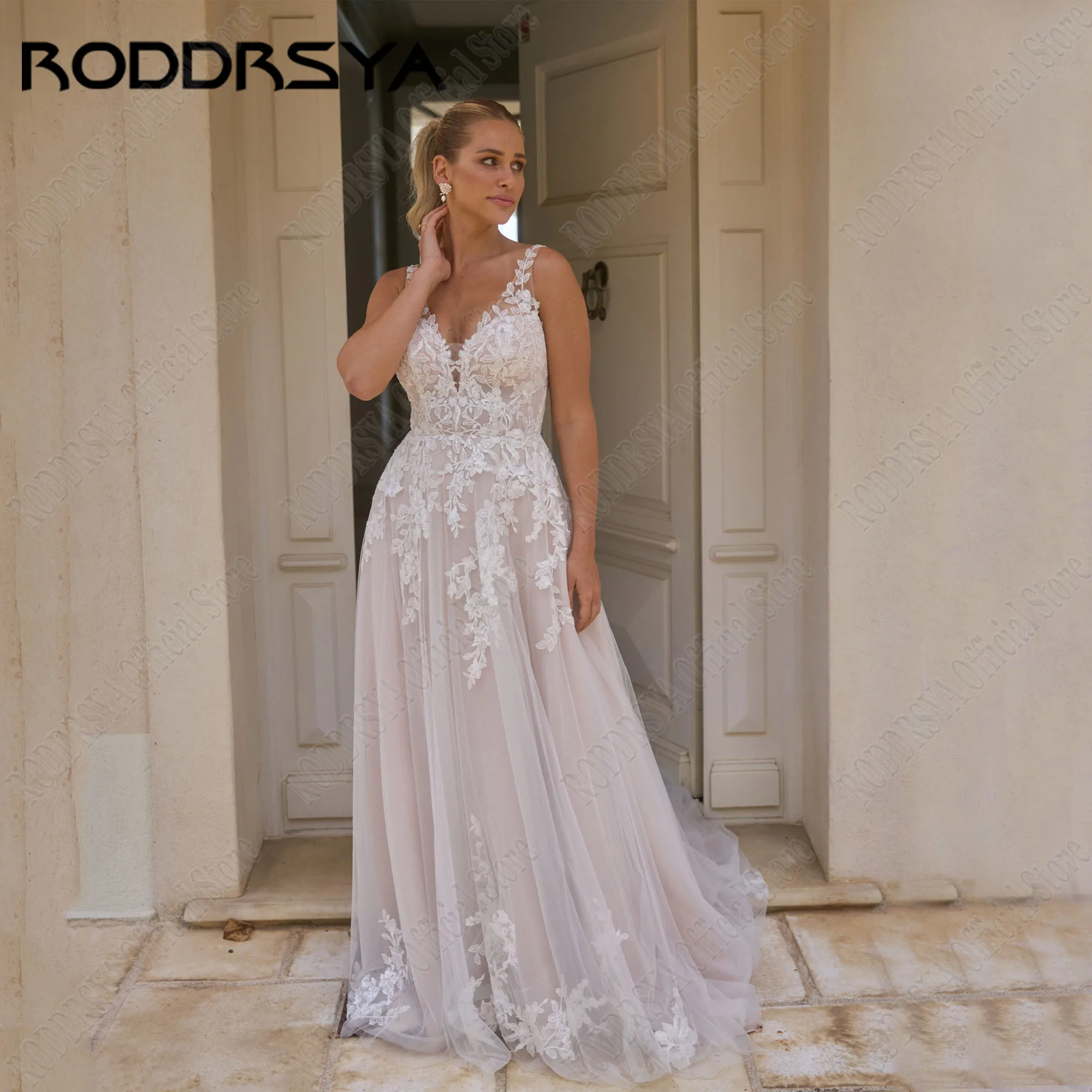 

RODDRSYA V-Neck Backless Wedding Dress 2024 Bride A-Line Sequin Sleeveless Bridal Gowns Applique Tulle Custom Vestidos De Novia