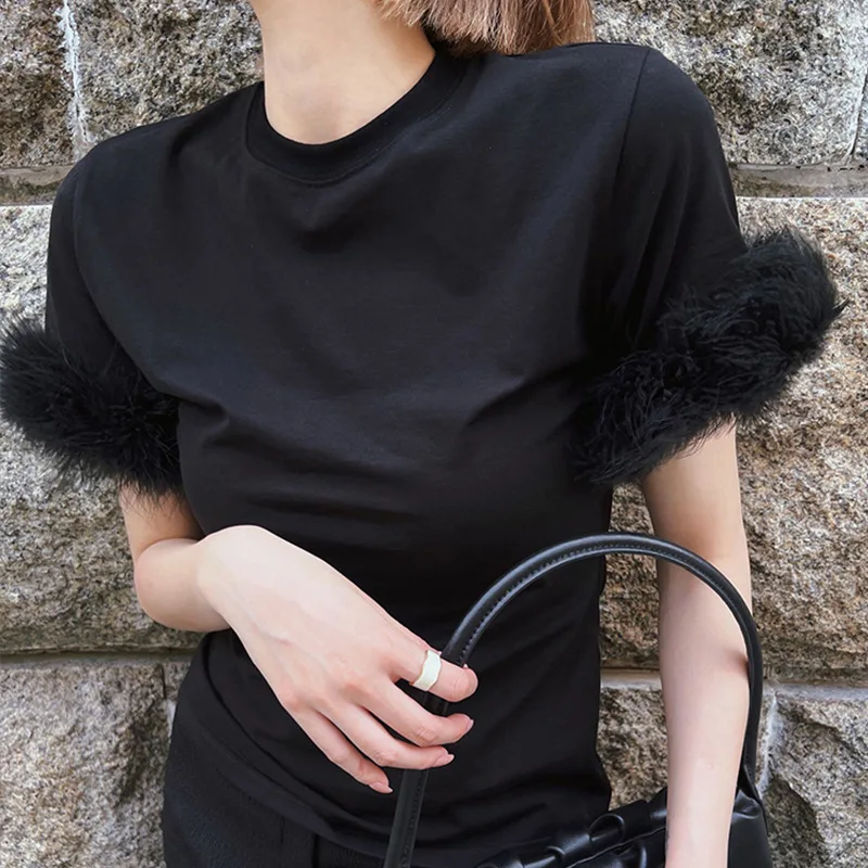 Loose Comfort Socialite Tassel Furry T-shirt Top Women's 2024 Summer Casual Solid Color Hollow-out Short Sleeve Trendy T-shirts