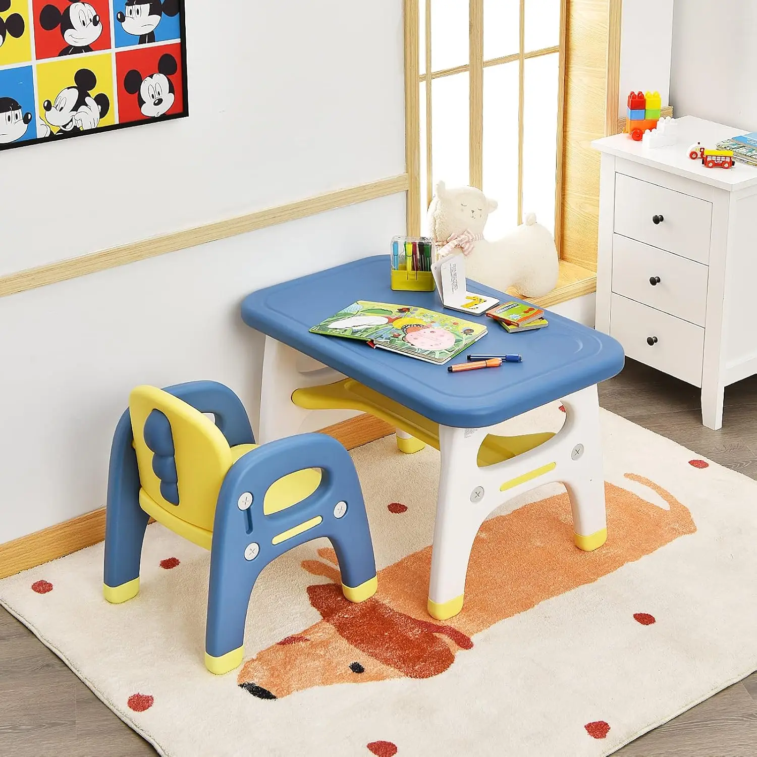 Dinossauro Mesa e cadeira Set for Toddler, Atividade Arte, Mesa resistente Set with Storage Rack, Montessori Brinquedos, Building Block, Bonito, Crianças