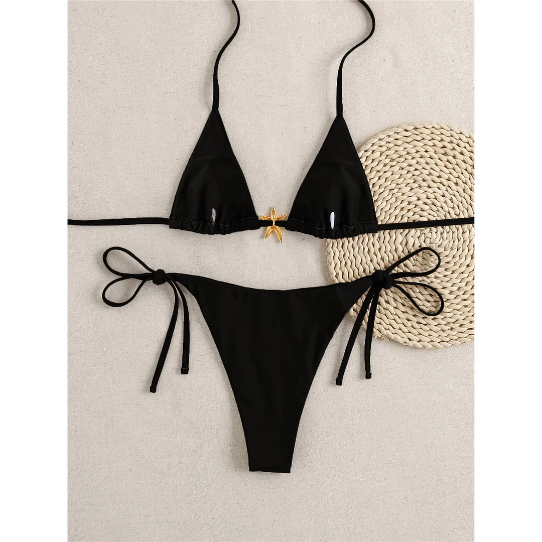 XS - L Metall-Stern-Halterneck-Bikini mit hohem Beinausschnitt, zweiteiliger Damen-Bikini, Badeanzug, Badebekleidung, Badeanzug, Schwimmbekleidung V6633 – Detail 9