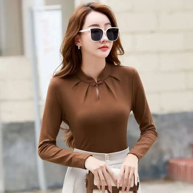 #0612 Autumn Winter Vintage Short T Shirt Women Stand Collar Hollow Out Chinese Style Long Sleeve T Shirt Thick Warm Solid Color